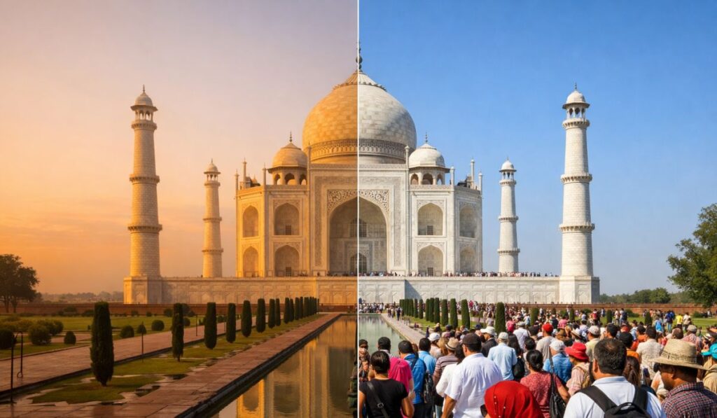 taj mahal crowd afternoon peak visiting hours heat long queue
