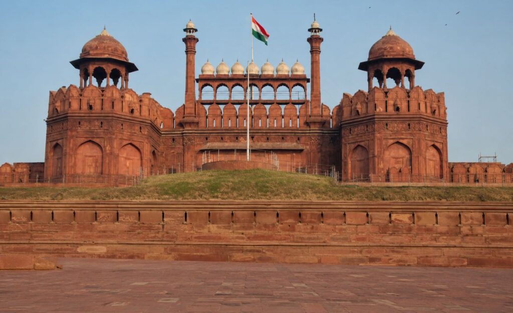 Split view of Old Delhi's Jama Masjid and New Delhi's India Gate showing historic and modern Delhi
