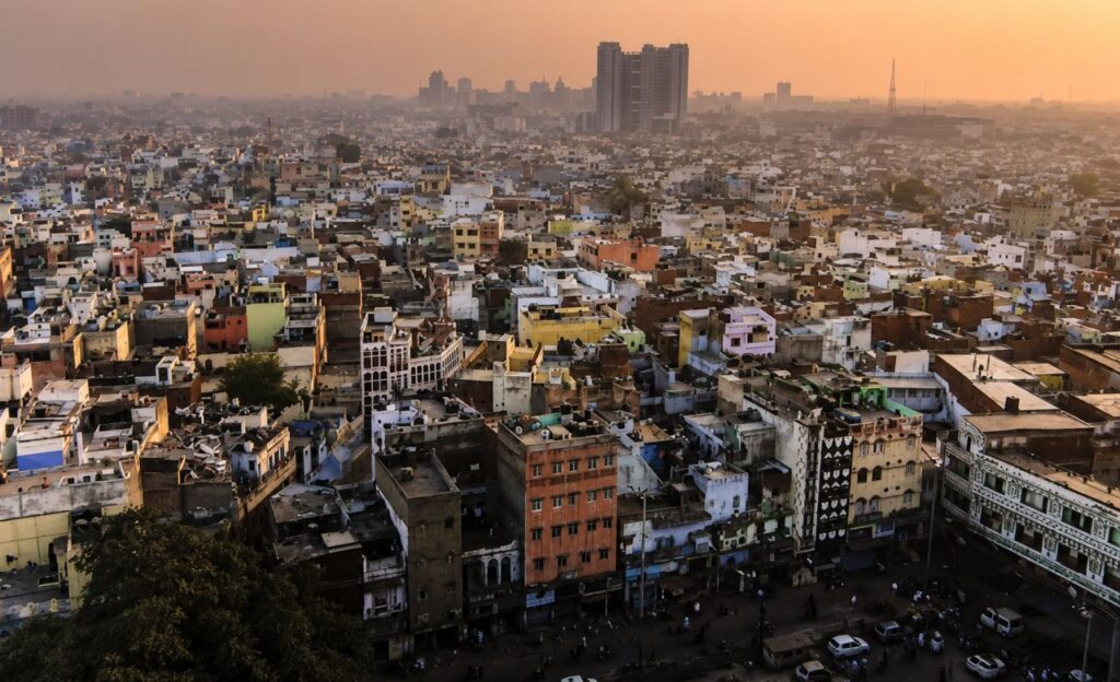 Split view of Old Delhi's Jama Masjid and New Delhi's India Gate showing historic and modern Delhi
