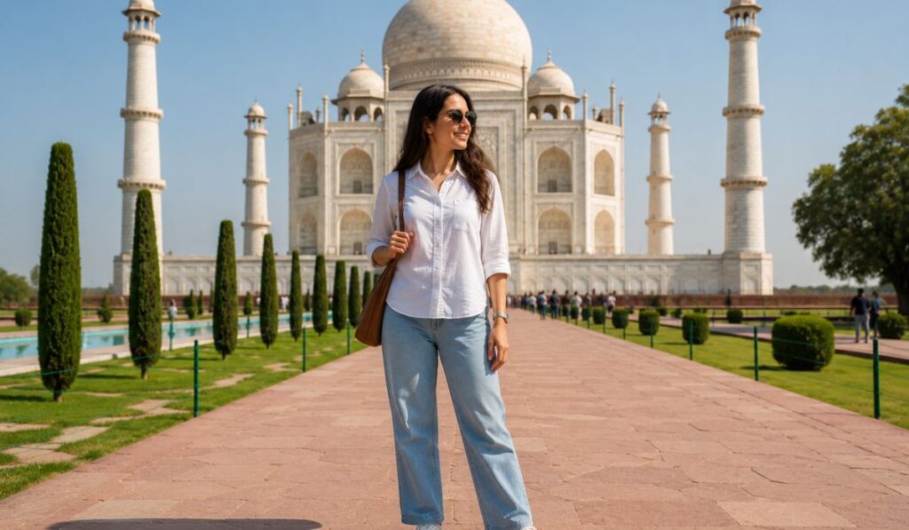 Taj Mahal Dress Code for Women
For women, the safest and most comfortable approach is to cover the shoulders and keep hemlines at or below the knee. Long pants, a maxi dress, or a salwar kameez all work well and hold up for hours of walking across marble and gravel paths.
Practical picks that suit the Taj Mahal dress code for women:
Loose cotton or linen trousers with a top that covers the shoulders
A long kurti or tunic over leggings
A light scarf or dupatta — genuinely useful for sun protection and as a quick shoulder cover if needed
Flat, closed-toe shoes over heels; the walkways are uneven marble and gravel
Sleeveless tops aren't banned, but women who wear them sometimes report more stares than they'd like — a minor but real trade-off worth knowing before you pack.